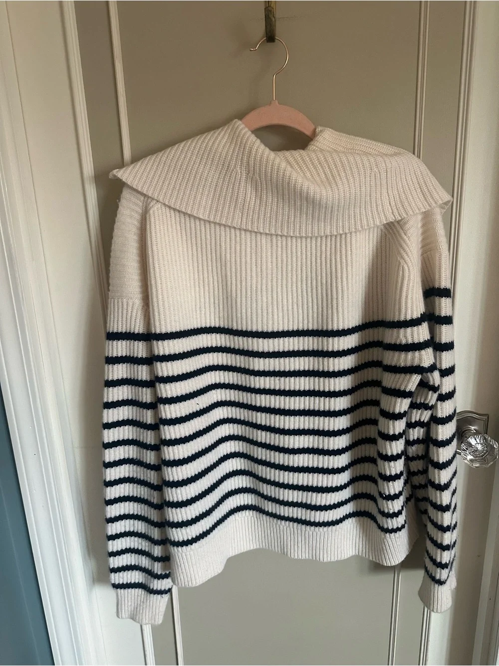J. Crew Cream and Navy Striped Half-Zip Funnel Cashmere Sweater
